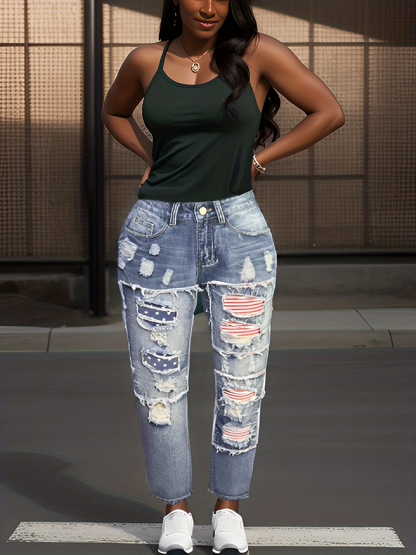 American Flag Patchwork Jeans Distressed Denim Pants