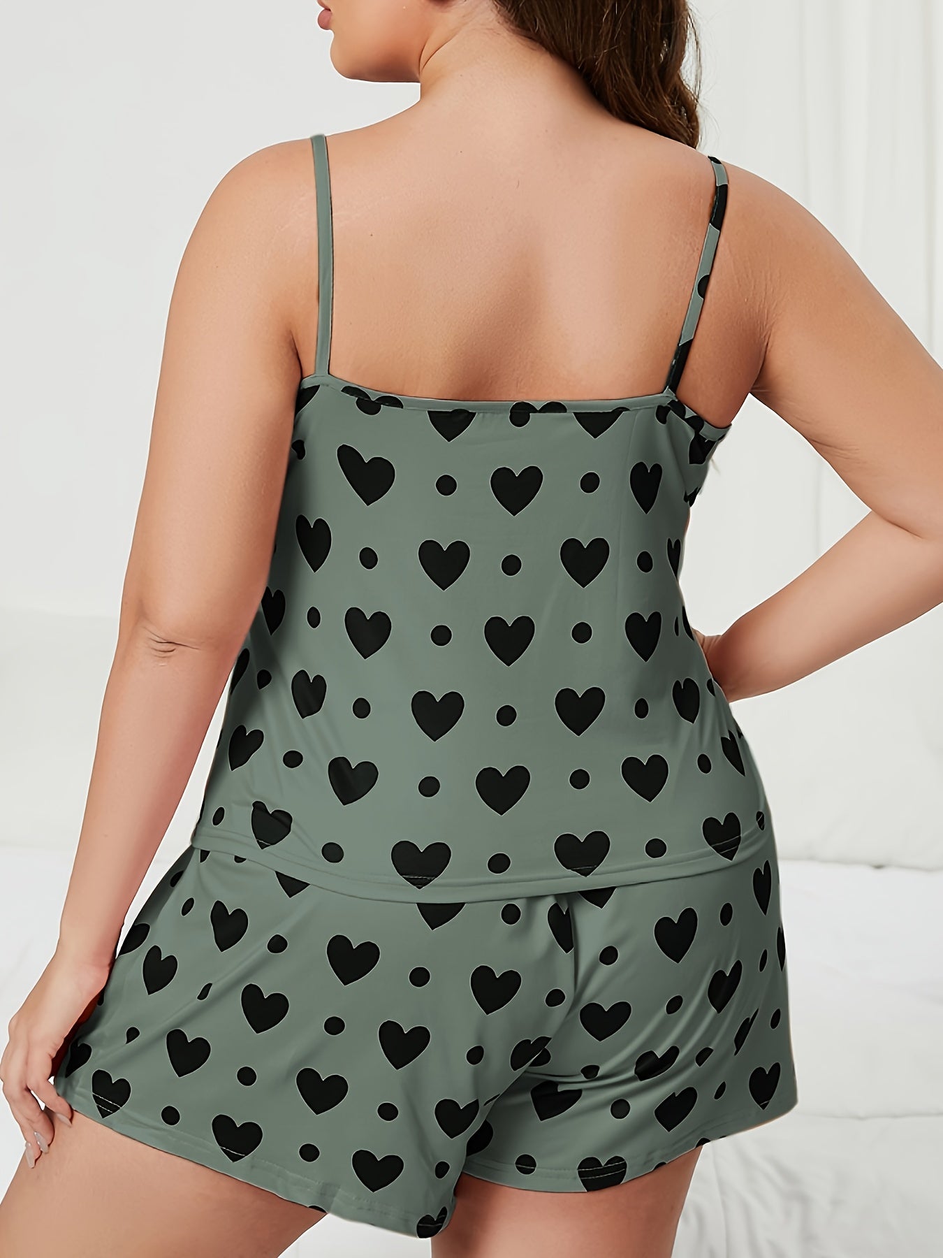 Heart & Polka Dot Print Round Neck Cami Top & Shorts Two Piece Set