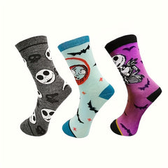 3 Pairs Skull Print Socks Halloween Crew Socks Women's Stockings