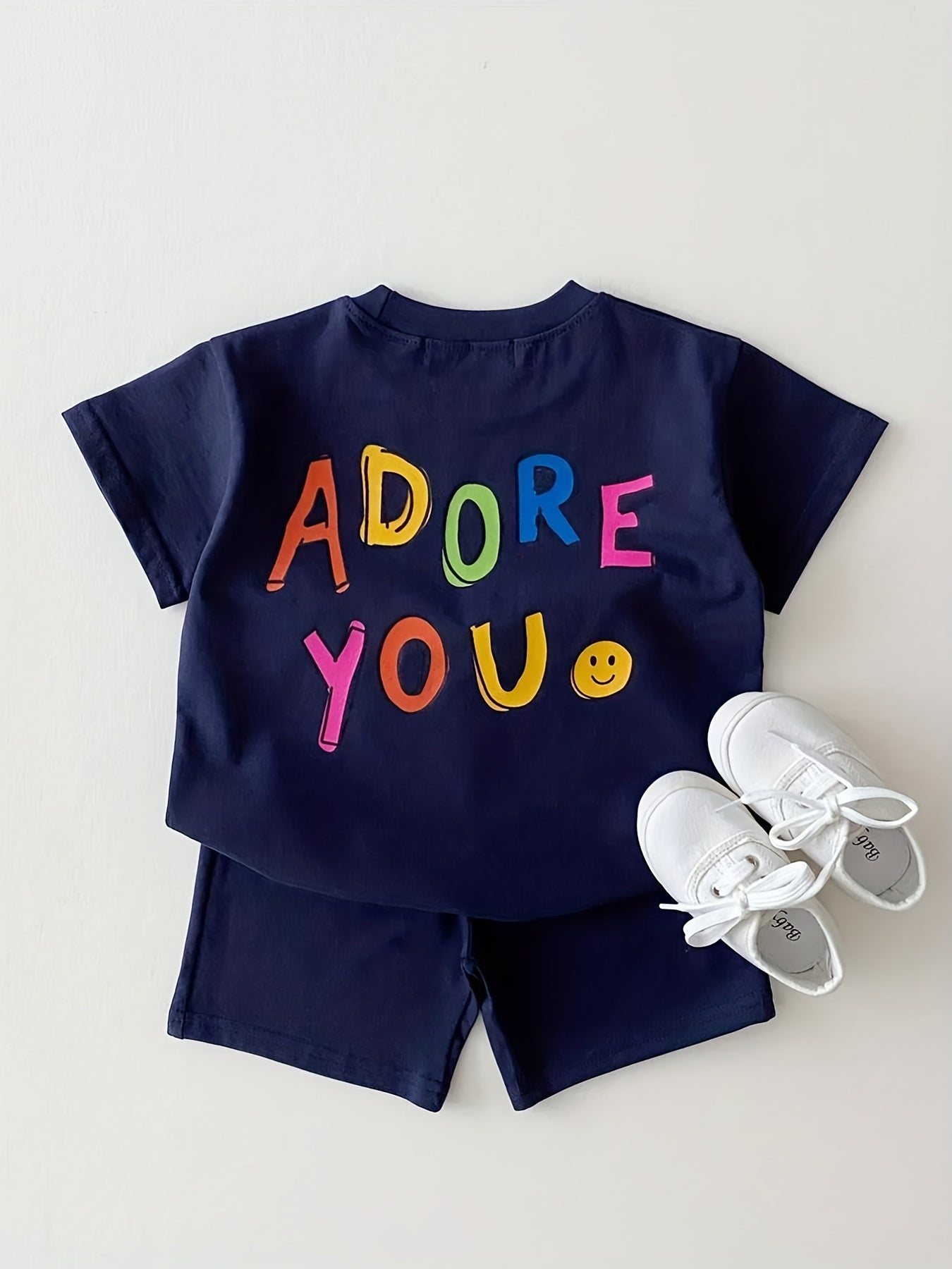 2pcs Smile Face Graphic Print T-shirt & Shorts Set for Baby Boys & Girls