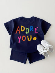 2pcs Smile Face Graphic Print T-shirt & Shorts Set for Baby Boys & Girls