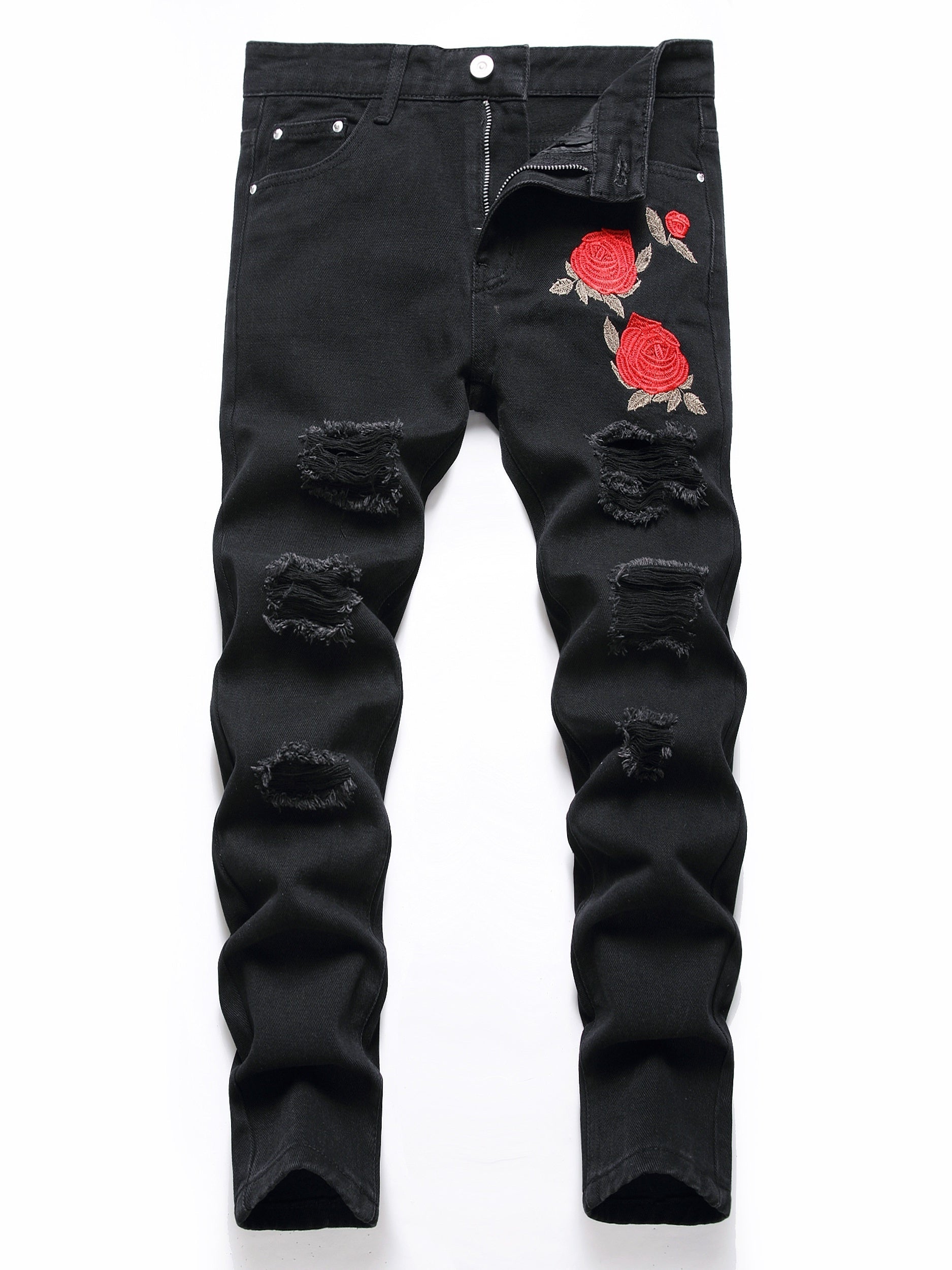 Boys Rose Print Ripped Jeans Denim Pants for Spring and Autumn