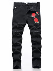 Boys Rose Print Ripped Jeans Denim Pants for Spring and Autumn