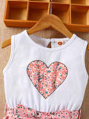 Toddler Girls Floral Heart Graphic Romper Sleeveless Jumpsuit for Beach Vacation