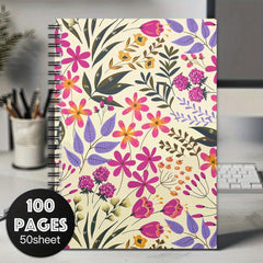 Floral Spiral Notebook Journal Pink & Purple Flower on Beige Background