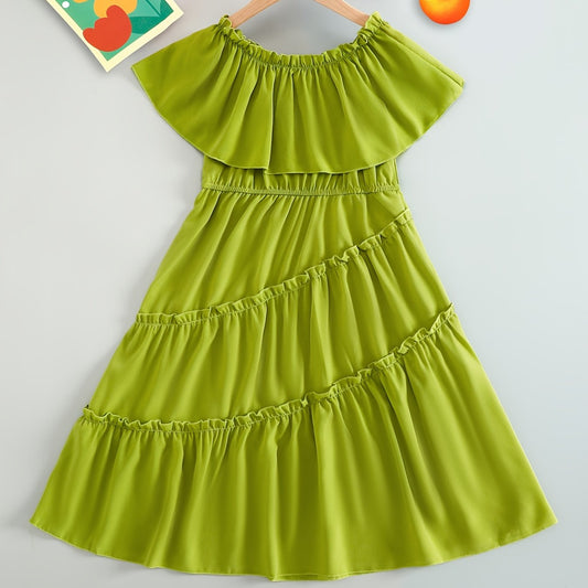 Girls Off Shoulder Ruffle Trim Princess Dress For Party