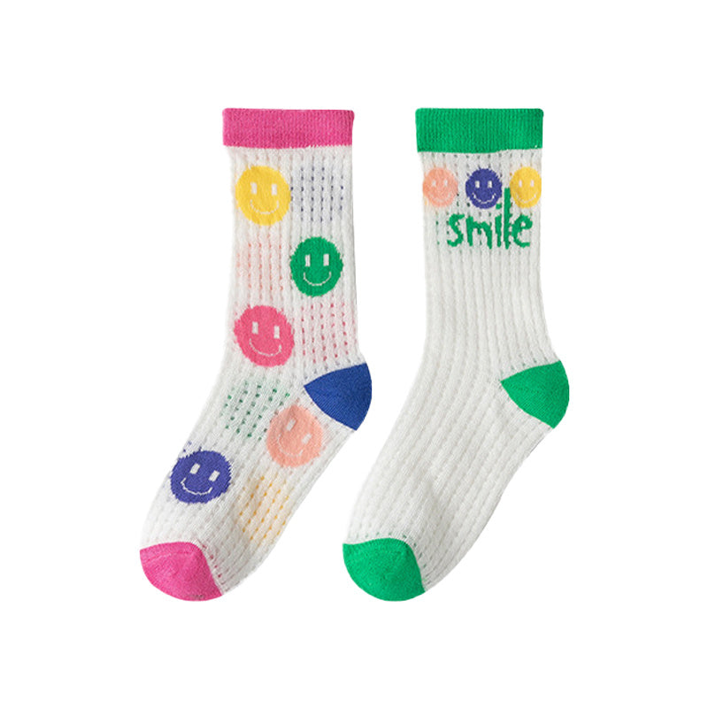Girls Kids Breathable Crew Socks Cartoon Smile Face Pattern Spring Summer