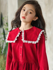 Girls Cotton Collar Dress Preppy Style Dresses For Party