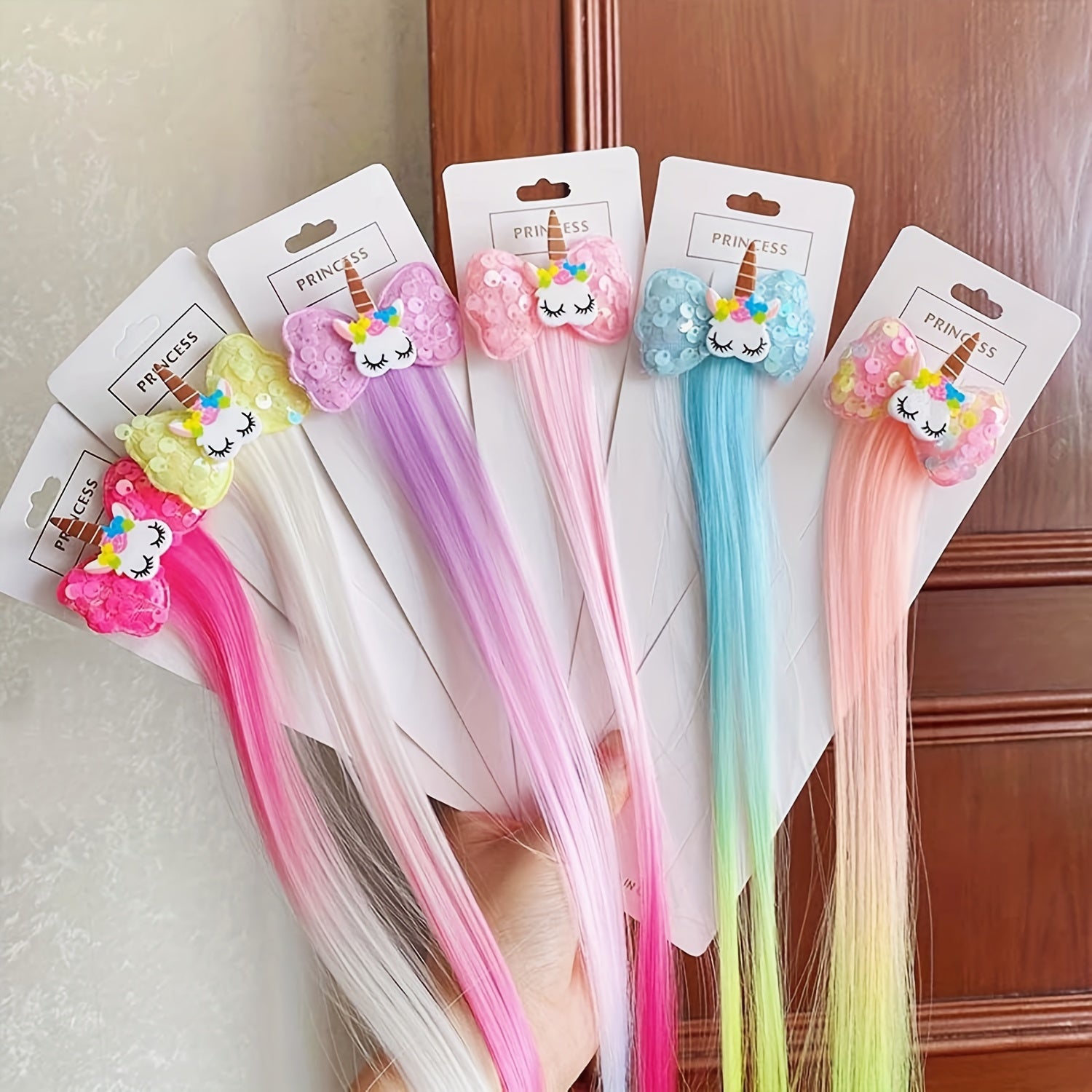 6pcs Unicorn Hair Clips Sequin Bow Hair Extensions