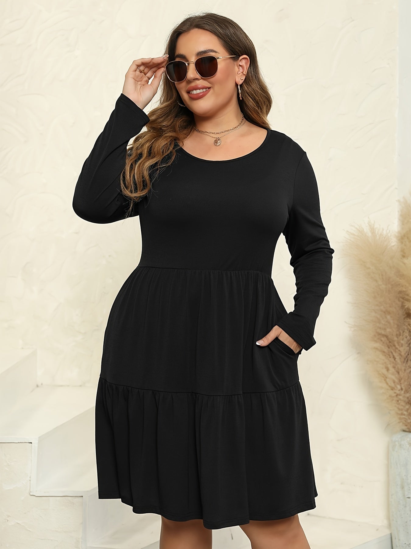 Solid Long Sleeve Knee Length Dress With Pockets