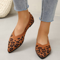 Leopard Pattern Ballet Shoes Pointed Toe Knitting Flat Slip On Shoes