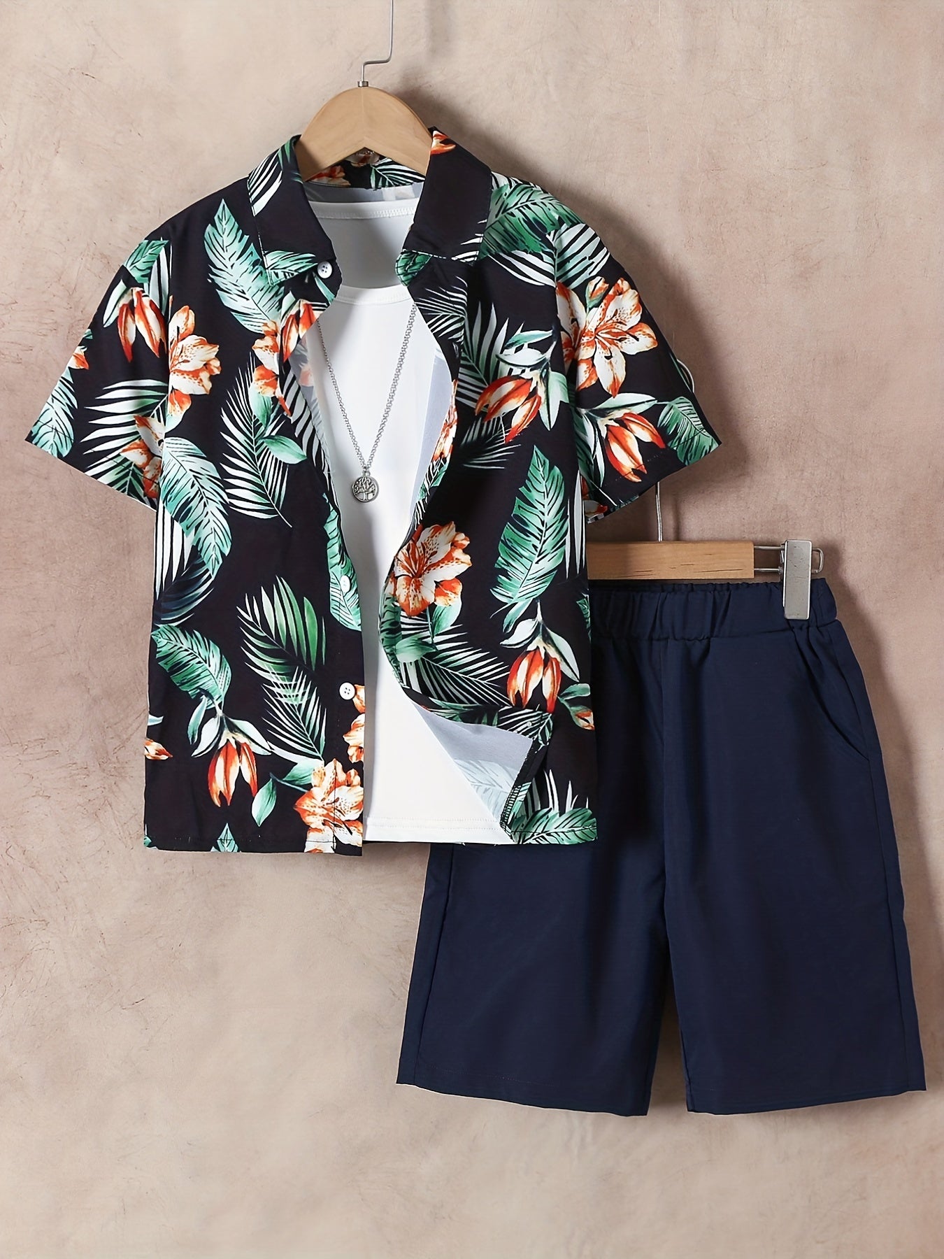 Boys Flower & Leaf Print Shirt & Shorts Set Kids Summer Clothes
