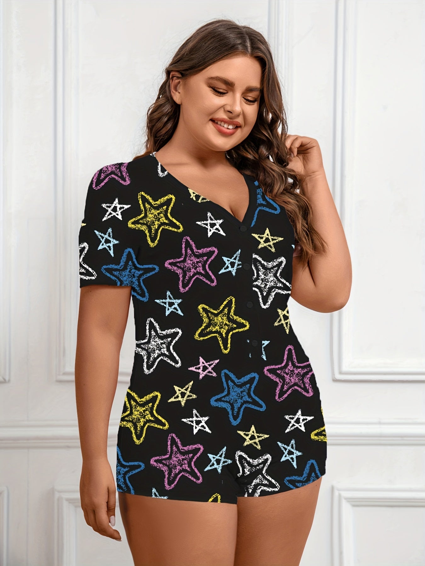Casual Pajama Romper Women's Plus Graffiti Star Print Button Up