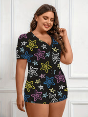 Casual Pajama Romper Women's Plus Graffiti Star Print Button Up