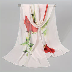Rose & Floral Chiffon Scarf Lightweight Silk Neck Vintage Wrap