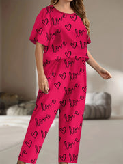 Casual Pajamas Set Women's Plus Heart & Letter Print Tee & Pants