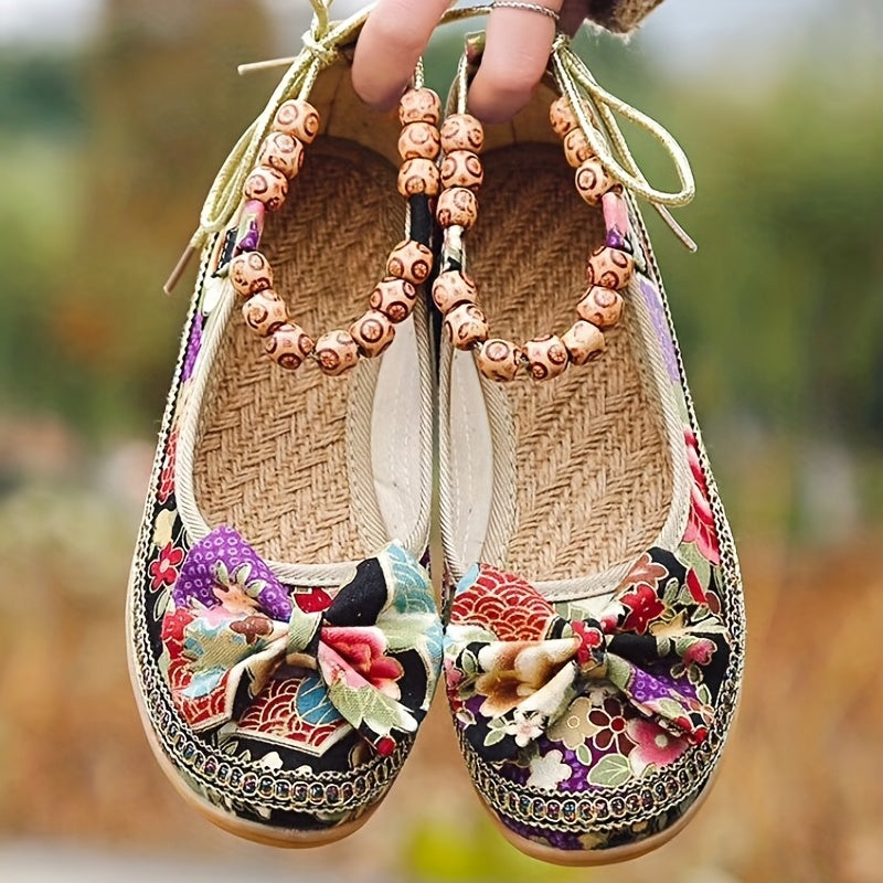 Tribal Style Beading Flat Shoes Retro Floral Print Bowknot Walking Shoes