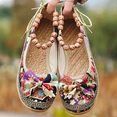 Tribal Style Beading Flat Shoes Retro Floral Print Bowknot Walking Shoes