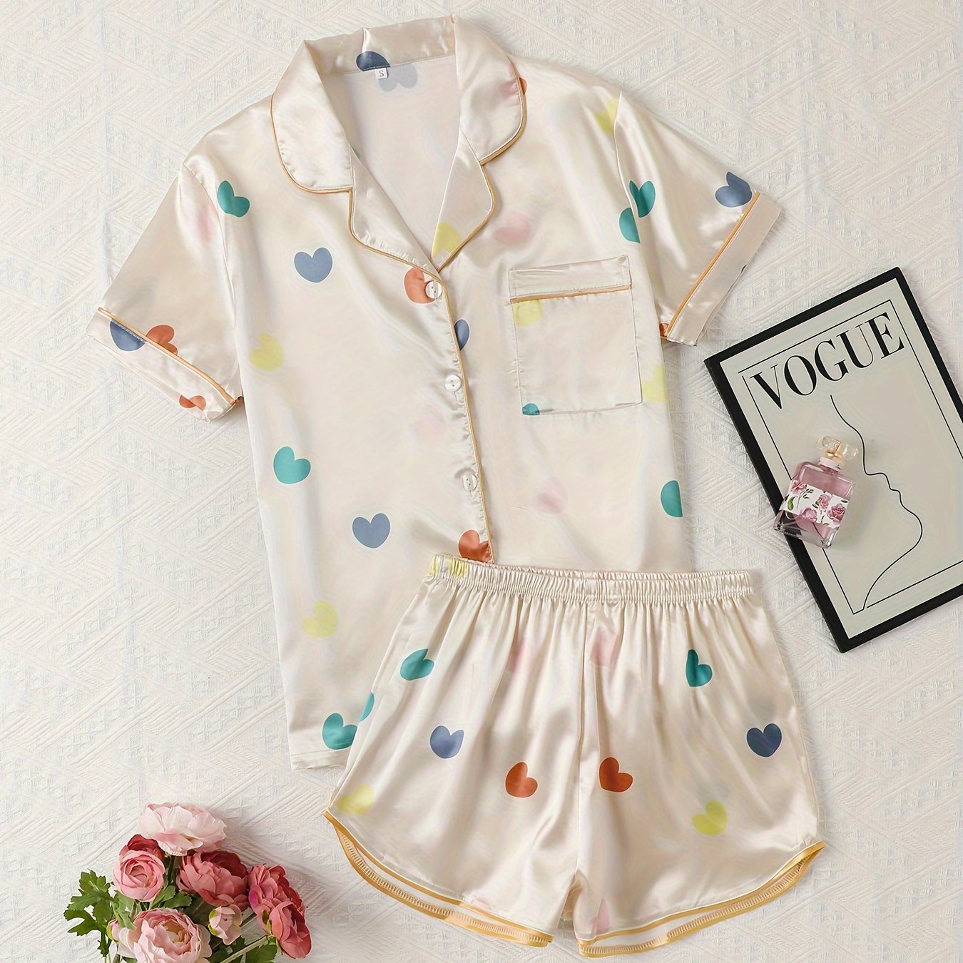 Heart Print Pajama Set Short Sleeve Top & Shorts Women