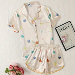 Heart Print Pajama Set Short Sleeve Top & Shorts Women