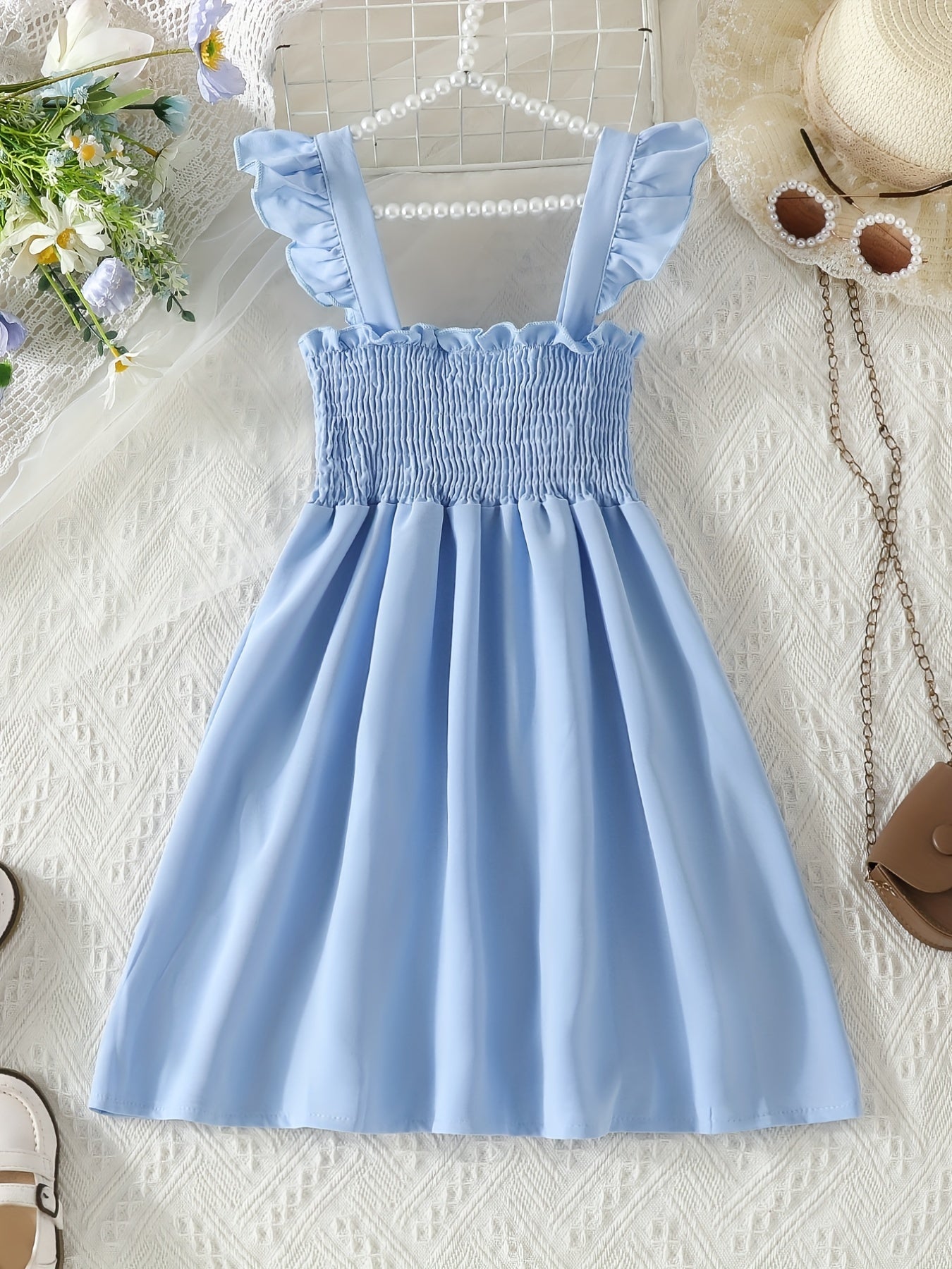 Girls' Ruffle Sleeveless Button Shirred Strappy Dress