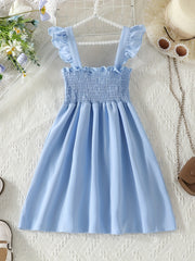 Girls' Ruffle Sleeveless Button Shirred Strappy Dress
