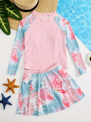 Girls Swimsuit 2pcs Long Sleeve T shirt & Skirts Tropical Floral Print