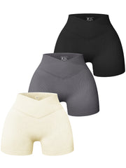 3pcs Cross Waist Ribbed Yoga Shorts Seamless Workout High Waist