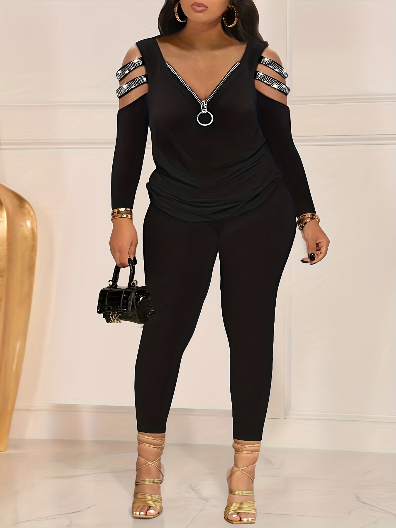 Colorblock Rhinestone Zipper Top & Leggings Set