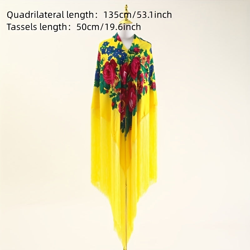 National Style Print Shawl Ultra Long Tassel Retro Style Shawl