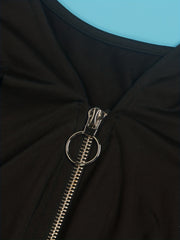 Rhinestone Zipper Neck T Shirt & Ripped Shorts Set
