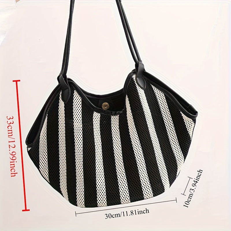 Striped Mesh Splicing Leather Tote Bag with Long Shoulder Strap