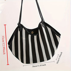 Striped Mesh Splicing Leather Tote Bag with Long Shoulder Strap
