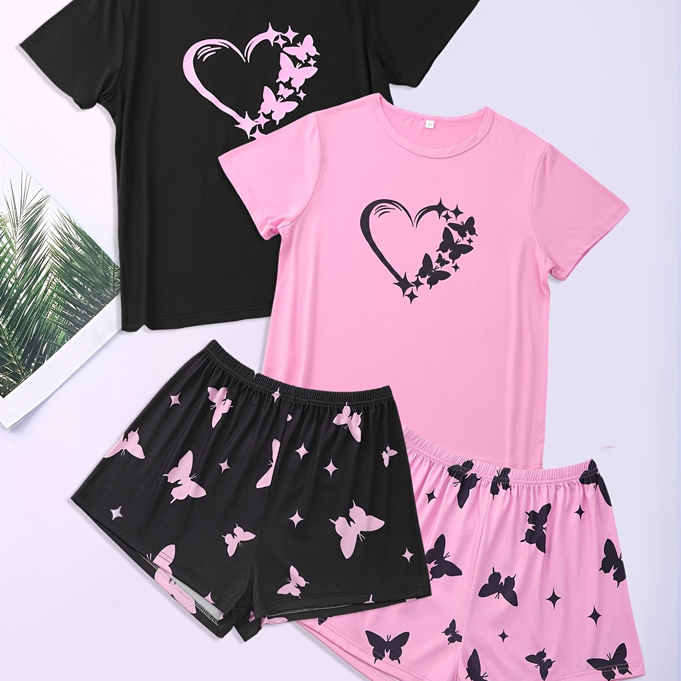 Heart & Butterfly Print Pajama Sets Short Sleeve Crew Neck Top & Shorts