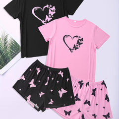 Heart & Butterfly Print Pajama Sets Short Sleeve Crew Neck Top & Shorts