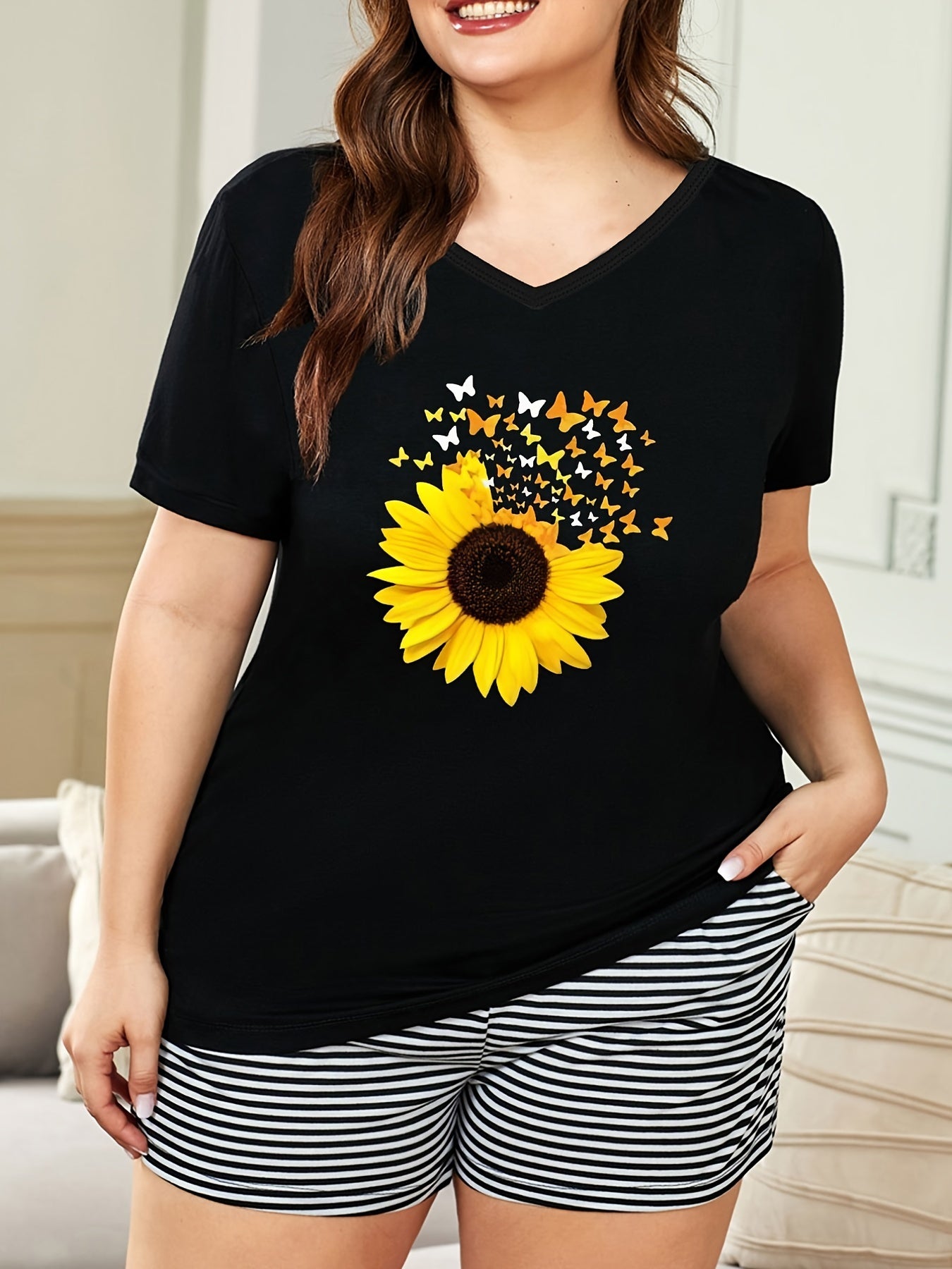 Sunflower & Butterfly Print V Neck Pajama Top