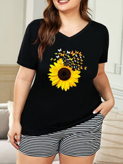 Sunflower & Butterfly Print V Neck Pajama Top