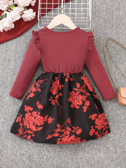 Leaf Print Ruffle Details Long Sleeve Dress