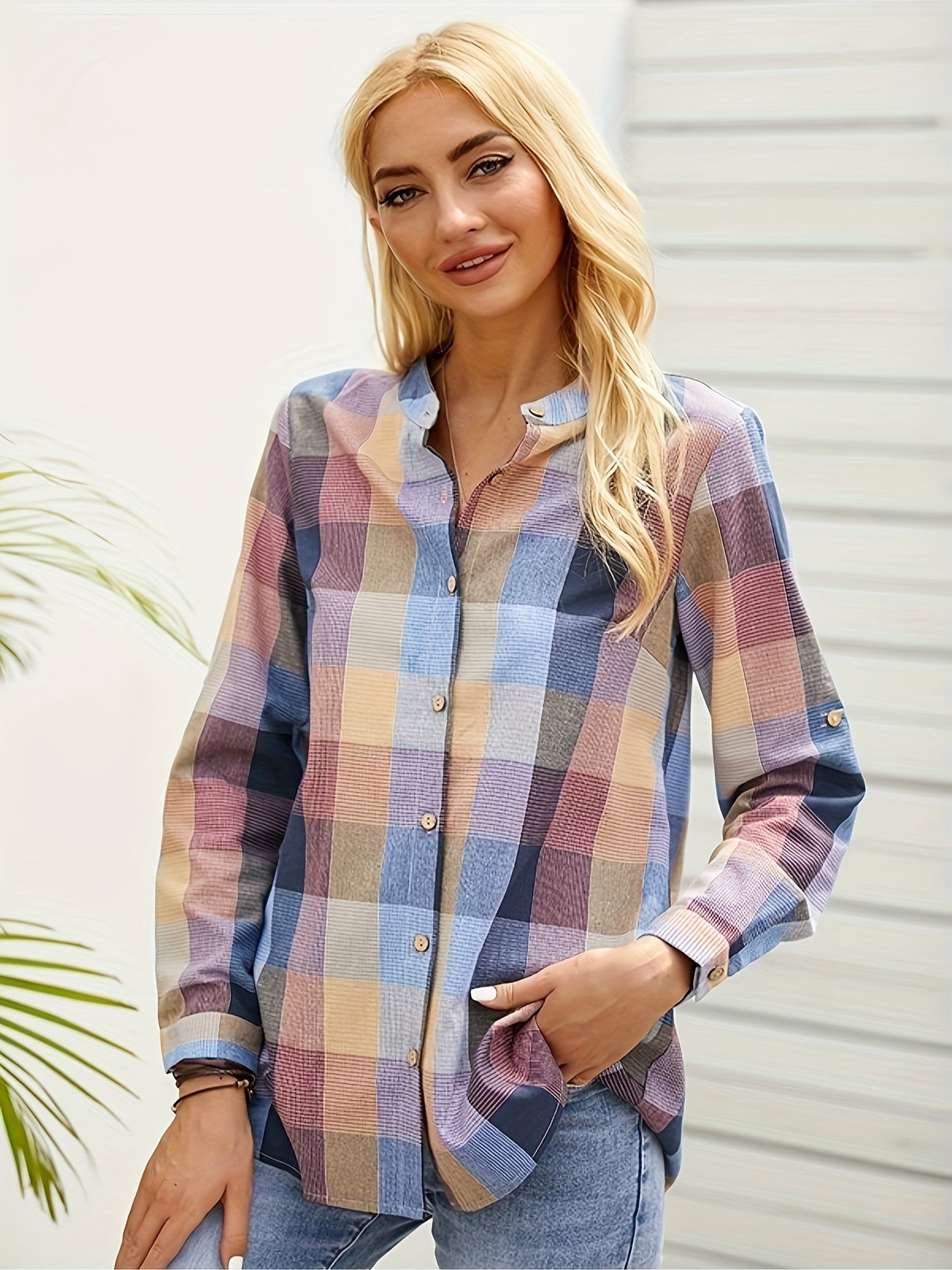 Colorblock Grid Button Up Blouse Long Sleeve Round Neck