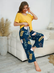 Floral Print Pajama Set Short Sleeve Top & Pants