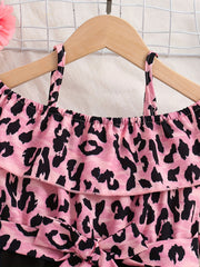 Leopard Print Ruffle Trims Cami Romper Jumpsuit With Belt