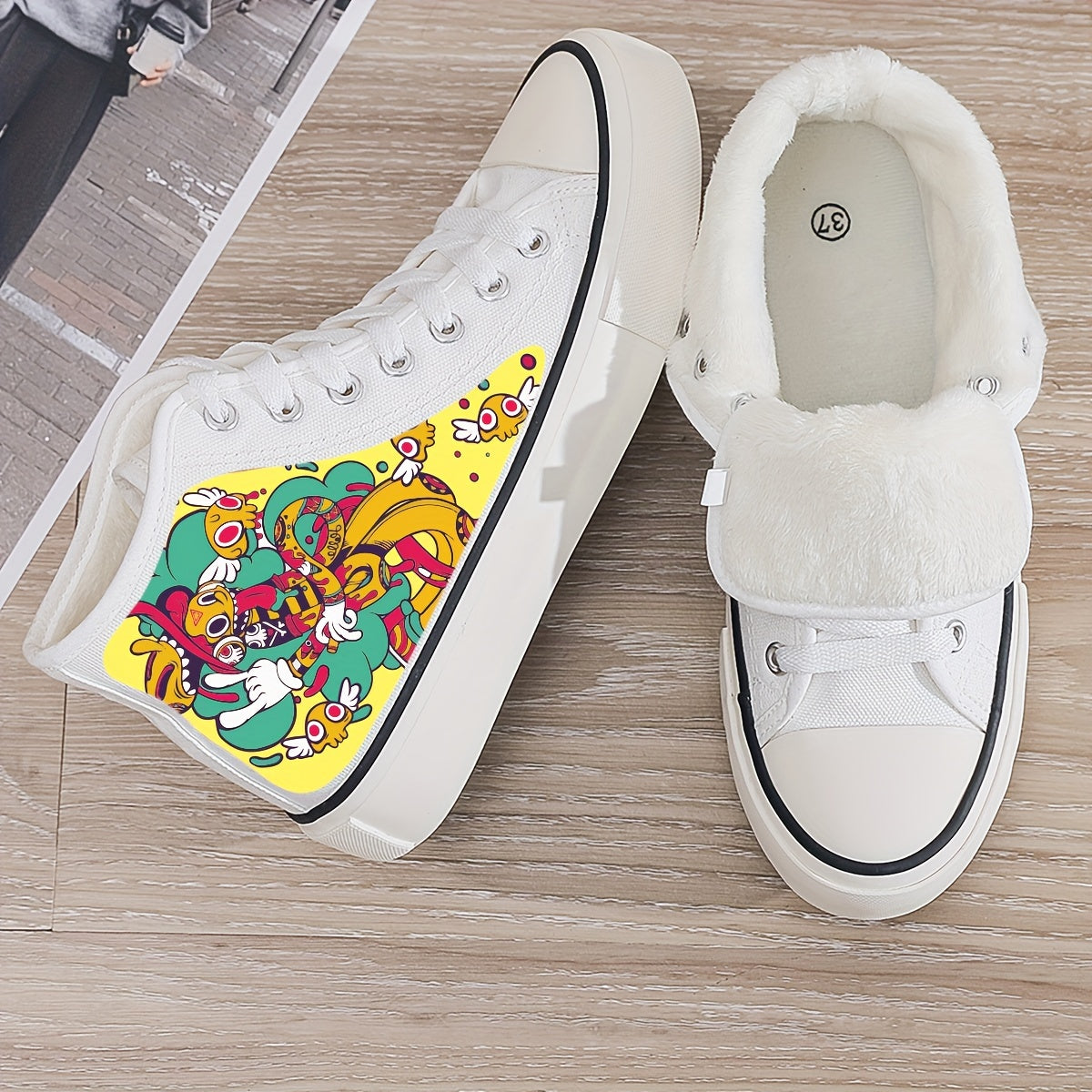 Girl's High Top Cartoon Skate Shoes with Plush Lining