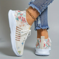 Women's Breathable Sock Sneakers Floral & Butterfly Print Lace Up Running Shoes