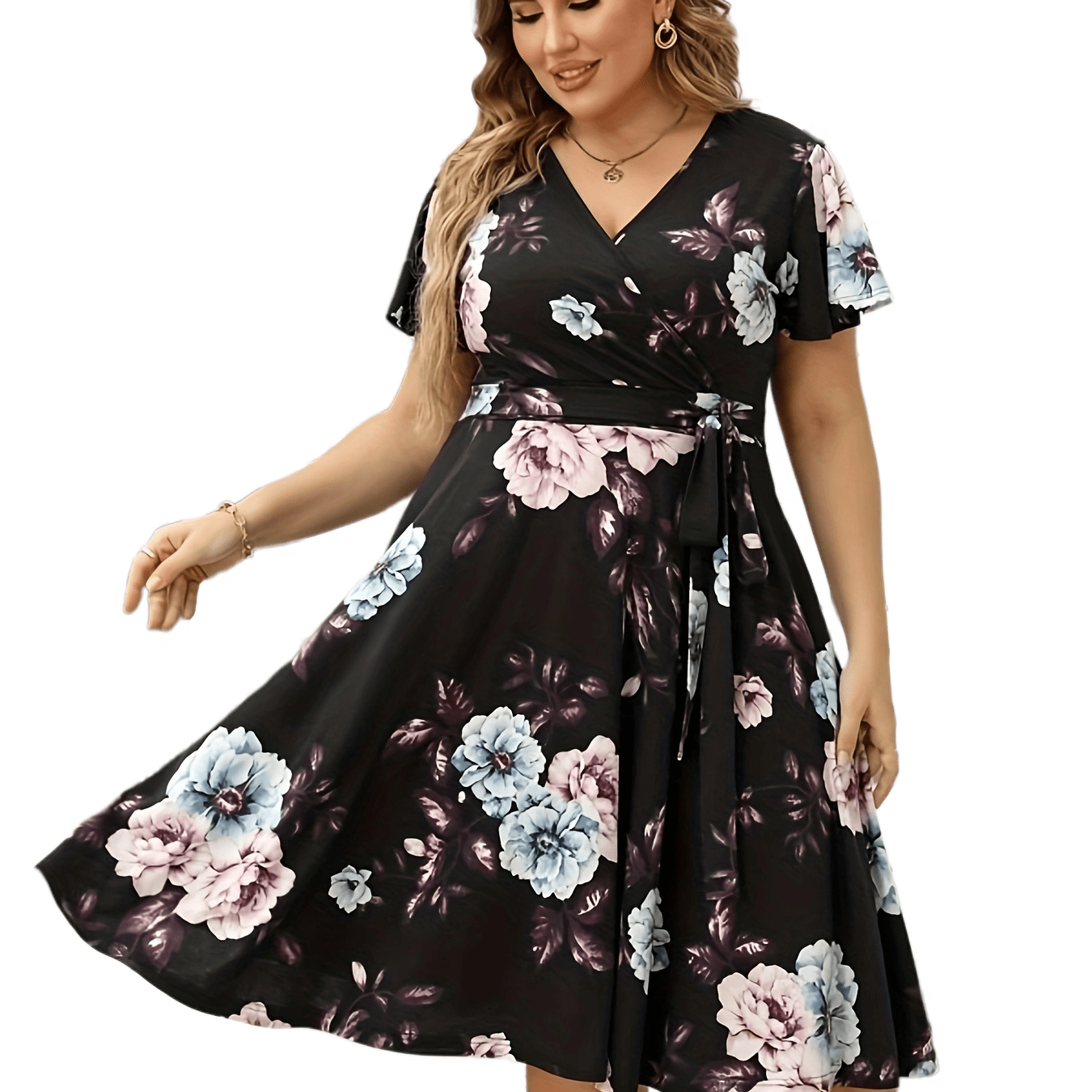 Women's Plus Floral Print Cap Sleeve Surplice Neck Bow Knot Medium Stretch Dress