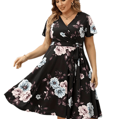 Women's Plus Floral Print Cap Sleeve Surplice Neck Bow Knot Medium Stretch Dress