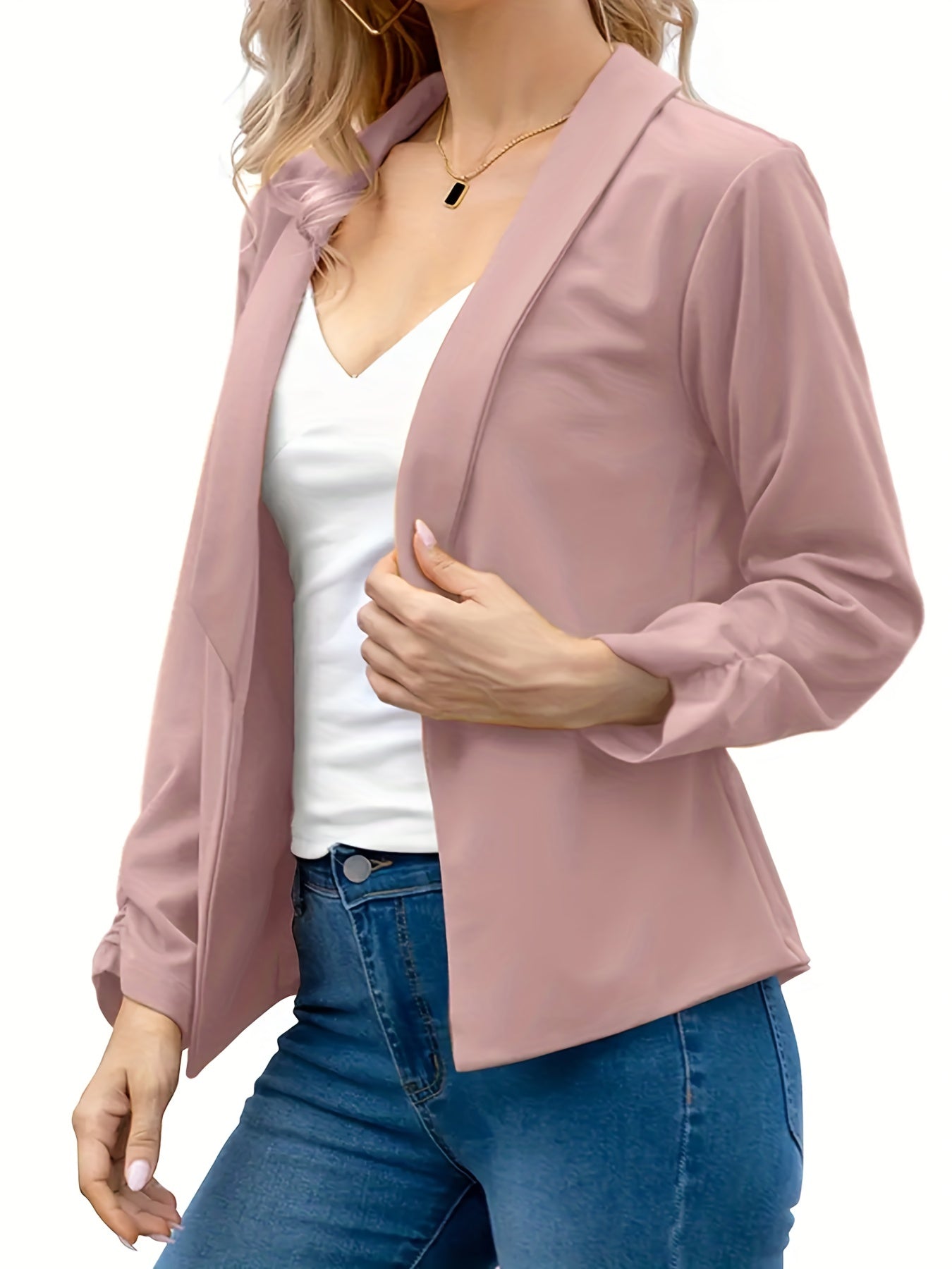 Solid Lapel Blazer Open Front Long Sleeve Work Office Outerwear