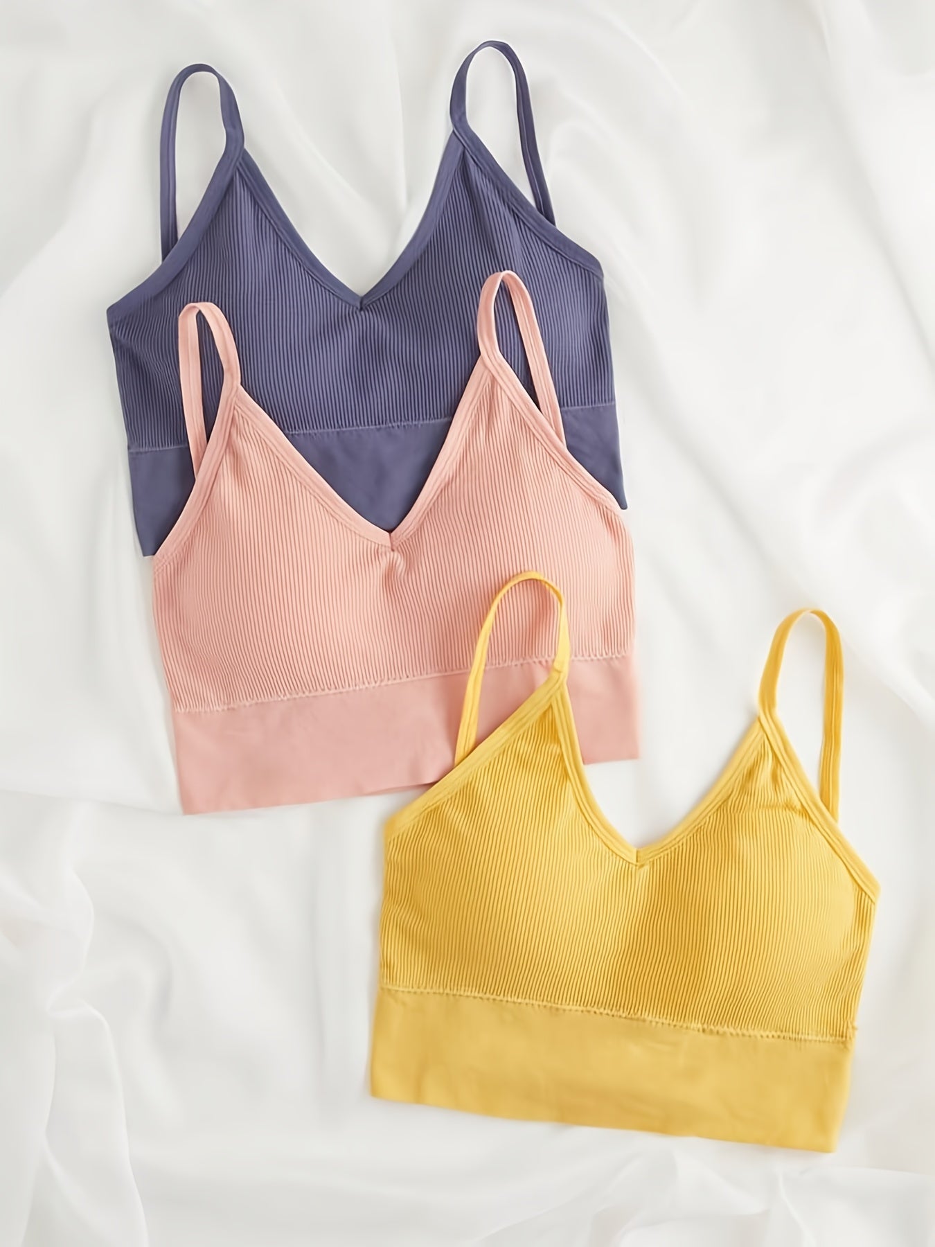 3pcs Ribbed Cami Crop Tops with Criss Cross Back Cut Out