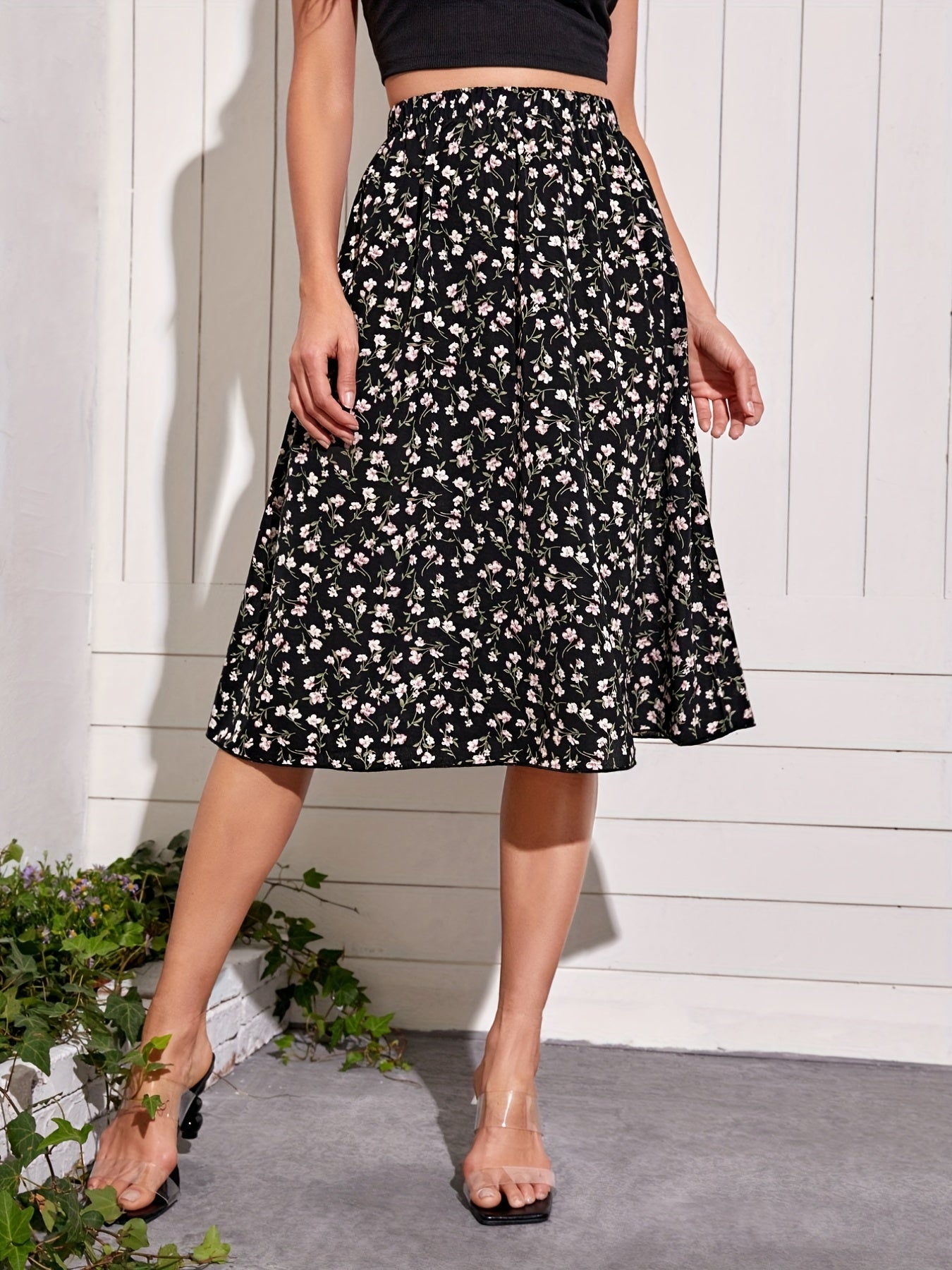 Floral Print Elastic Waist Midi Skirt for Women