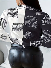 Colorblock Letter Print Button Down Blouse