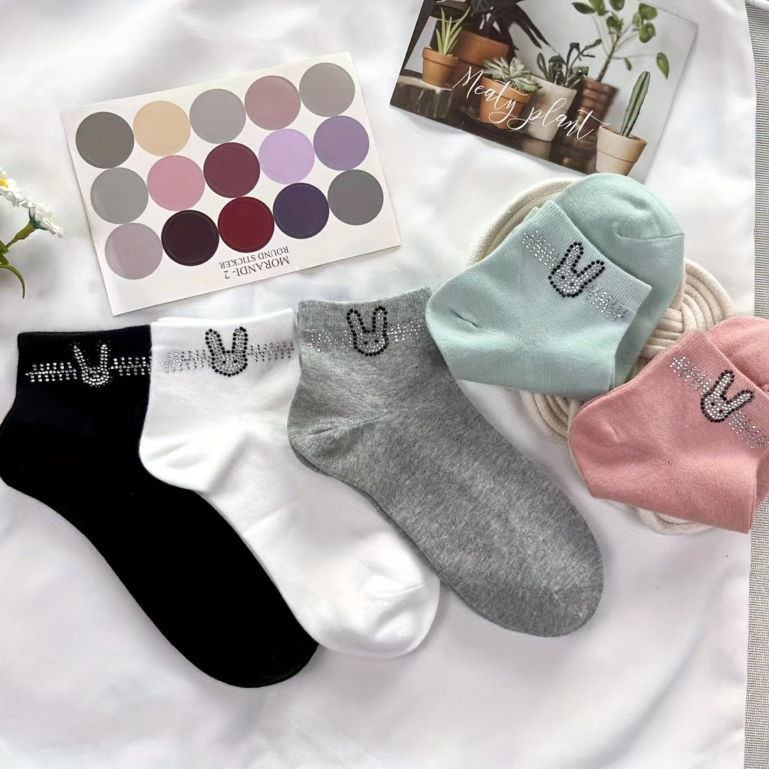 5 Pairs Bunny Rhinestone Socks Cute & Comfy Crew Short Stockings